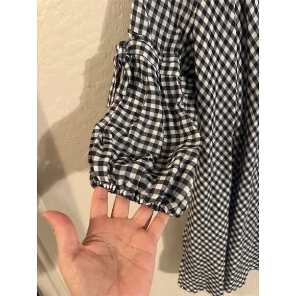 Y Max Edition Gingham Plaid Smocked Black & White Puffy Sleeve Cotton Midi Dress - Picture 3 of 10
